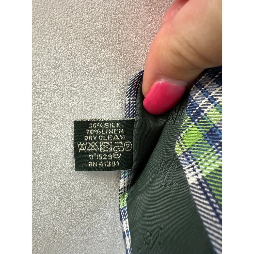 Lauren Ralph Lauren Mens Plaid Blue Lime Green Linen Silk Blend 3
